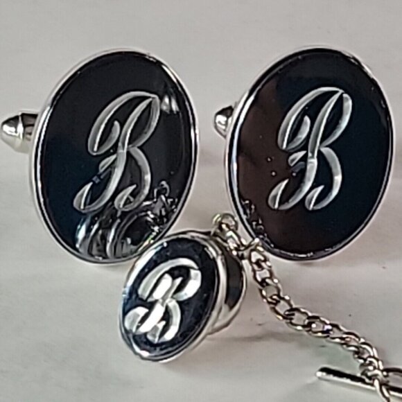 Silver Tone Monogram Script Letter B  CuffLinks Tie Pin Chain Whale Back - Picture 4 of 6